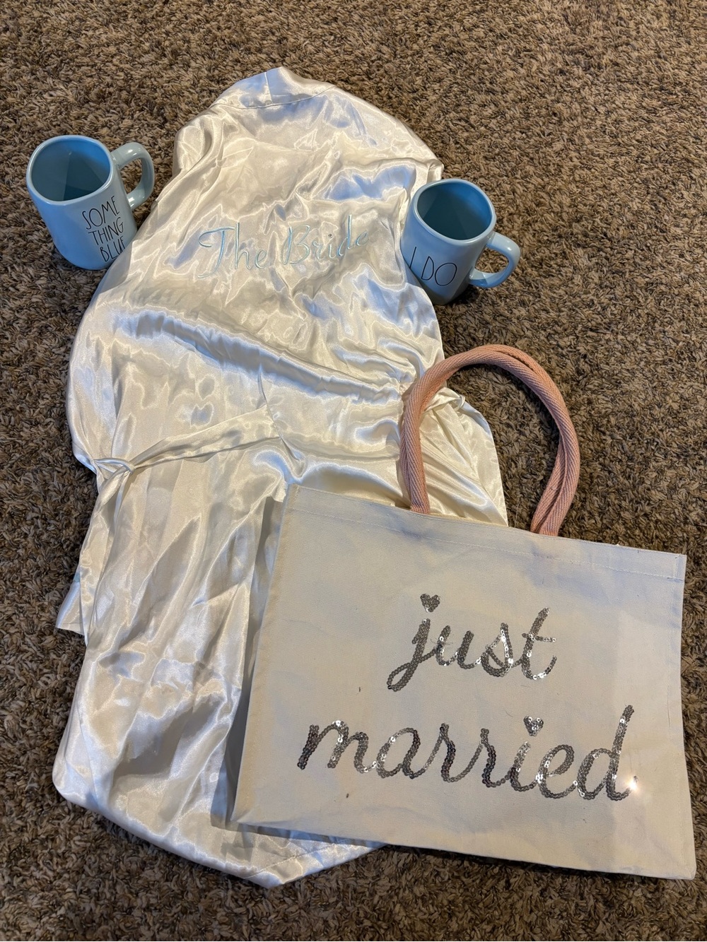 Rae Dunn I Do and Something Blue Mugs, Bride Robe, and Just Married Tote
